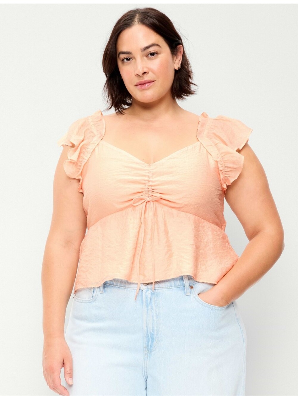 Ruche-Front Ruffle Strap Camisole- In Peach
